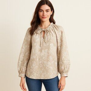 ANA Boho Paisley Blouse Beige White Tie Neck Long Sleeve Peasant Top M